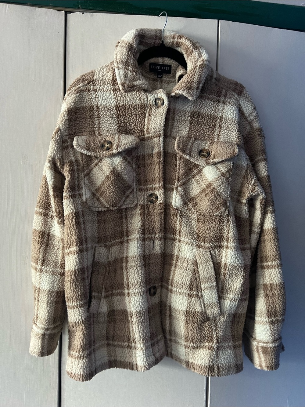 Love Tree Plaid Sherpa Button-Up Jacket - Cream & Brown